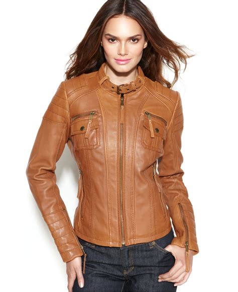 michael kors leather jacket used brown|Michael Kors leather motorcycle jacket.